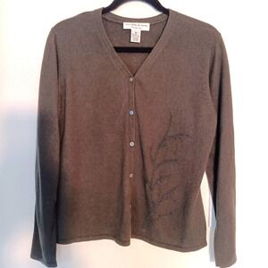 Preston & York Cardigan Womens Medium Olive Green Silk Cashmere Beaded V-Neck